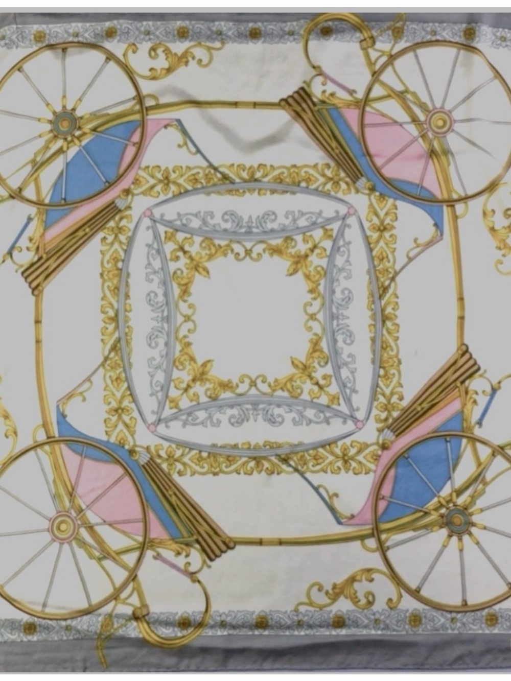 Celine classic carriage Silk Scarf in White, Gold, Blue & Pink 17in x 17in